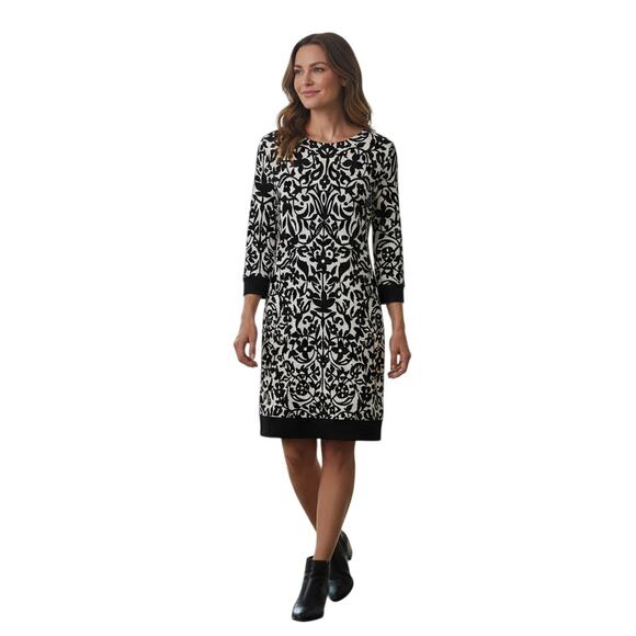 Caché Black & White Floral Print Long Sleeve Mini Dress Women’s 8 Silk Trim - Picture 1 of 5